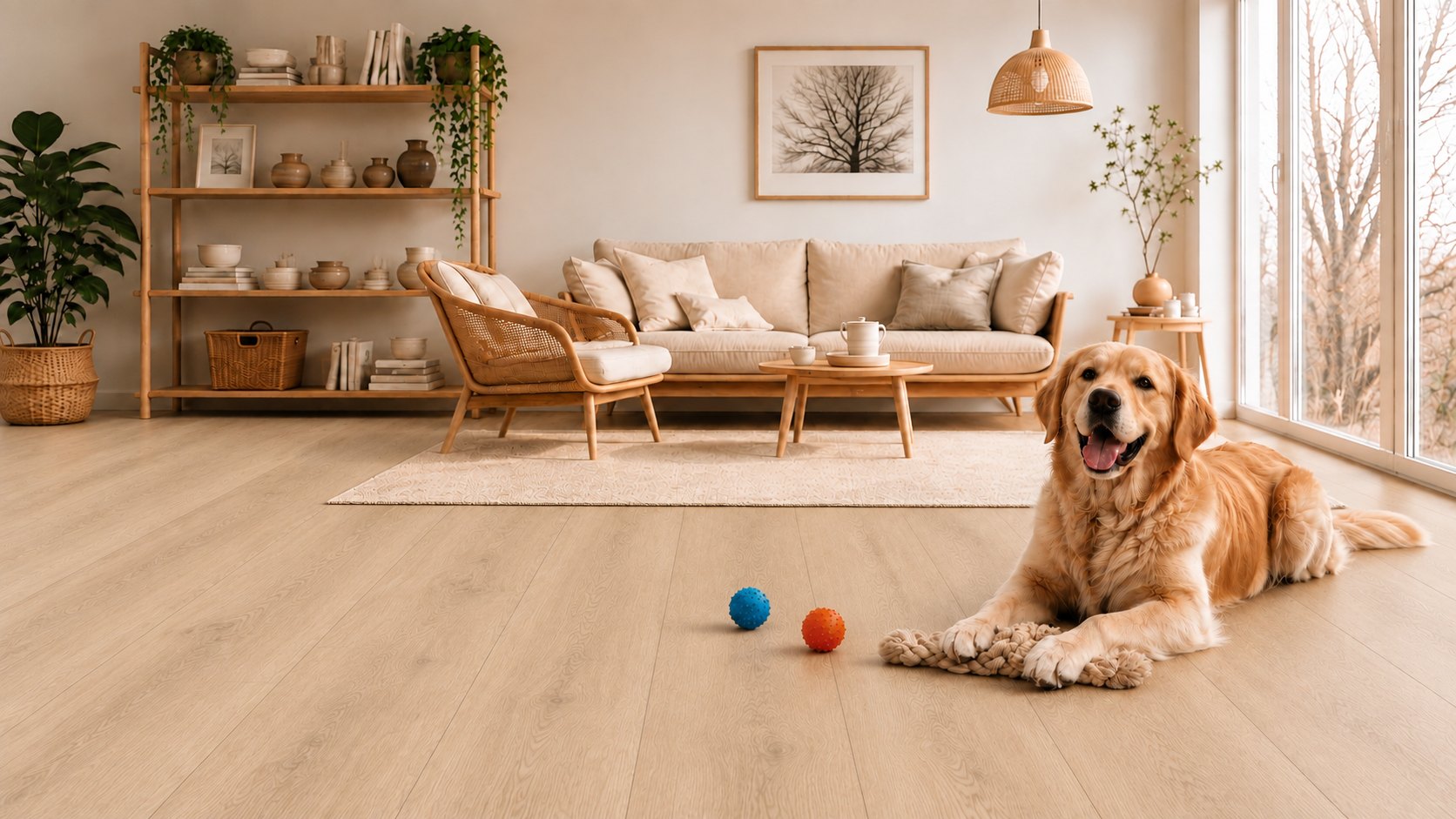 Hond ontspannen op een MyVinyl SPC-vloer in een gezellige woonkamer