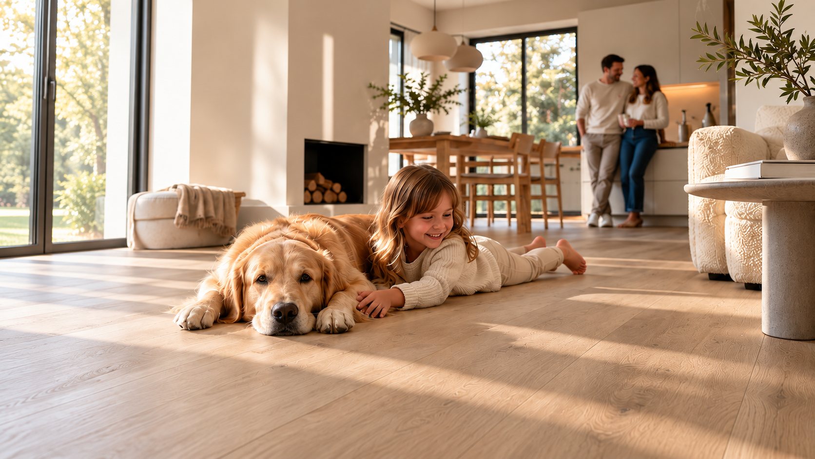 Meisje ligt lachend naast een golden retriever op een MyVinyl-vloer, haar ouders praten op de achtergrond