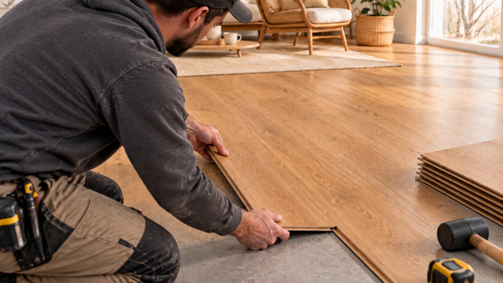 Vakman klikt een plank van een MyVinyl-vloer vast in een lichte woonkamer